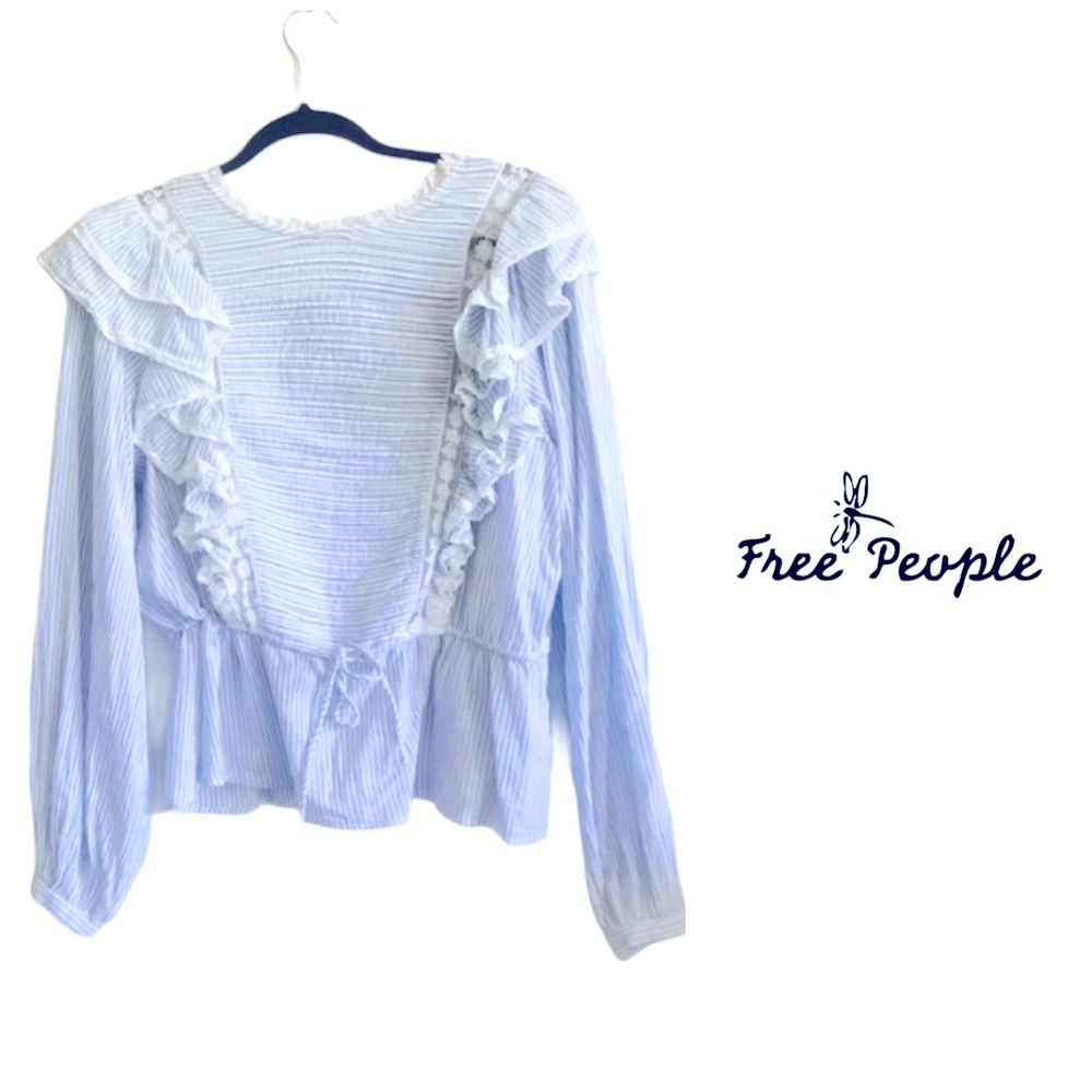 Free People Ruffle Stripe Lace Blouse Top - Picture 1 of 8